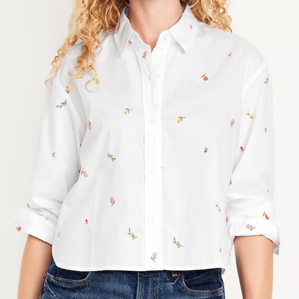 Cropped Button Down Shirt white floral medium